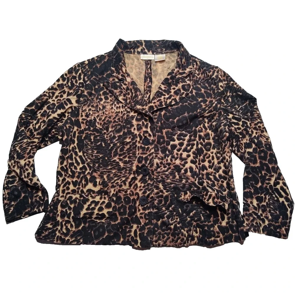 ROAMANS Women Large Leopard‎ Print Cotton Long Sleeve Button Up Jacket